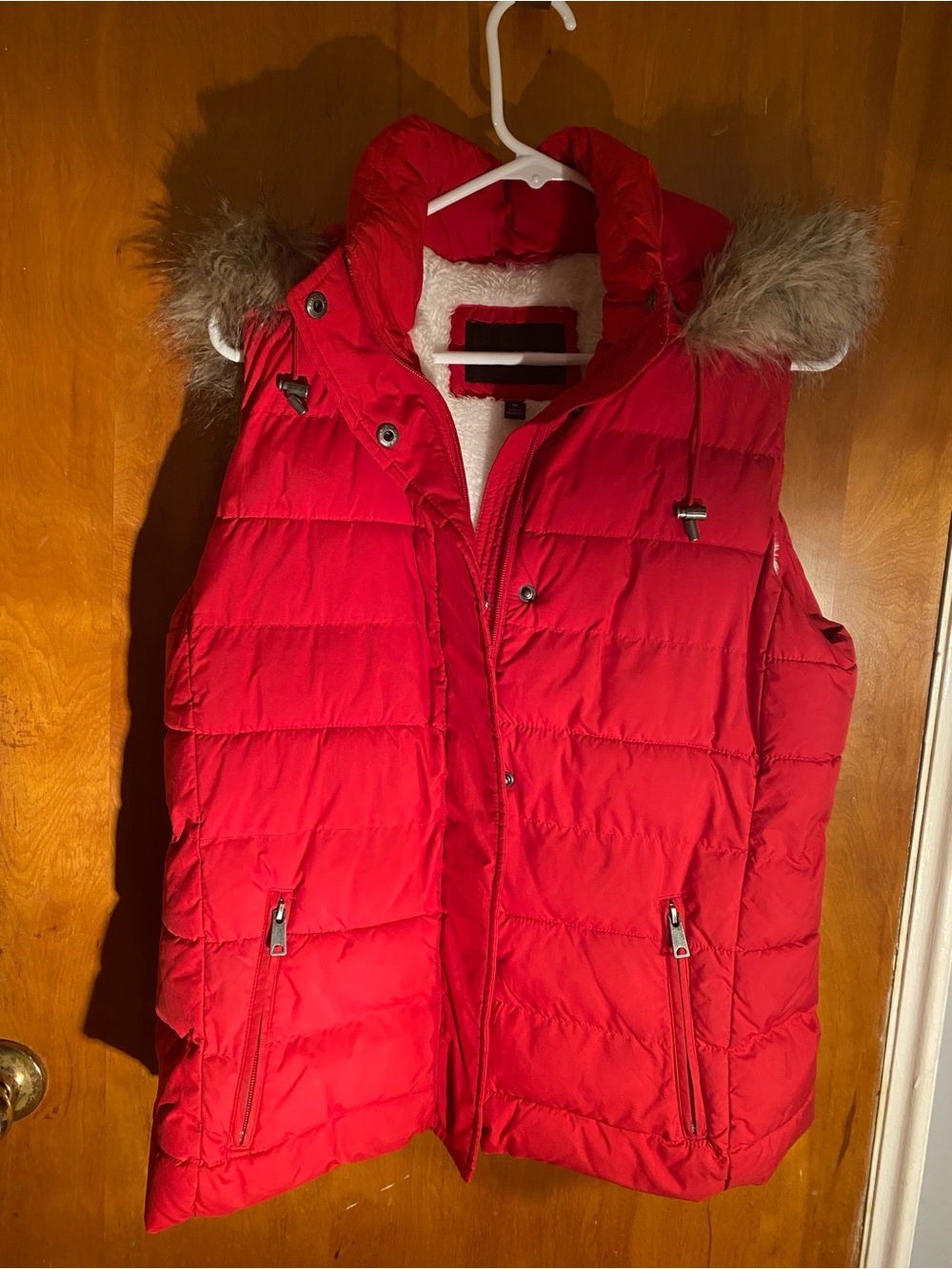 Banana Republic Red Quilted Puffer Vest with Faux Fur-Trim Hood
